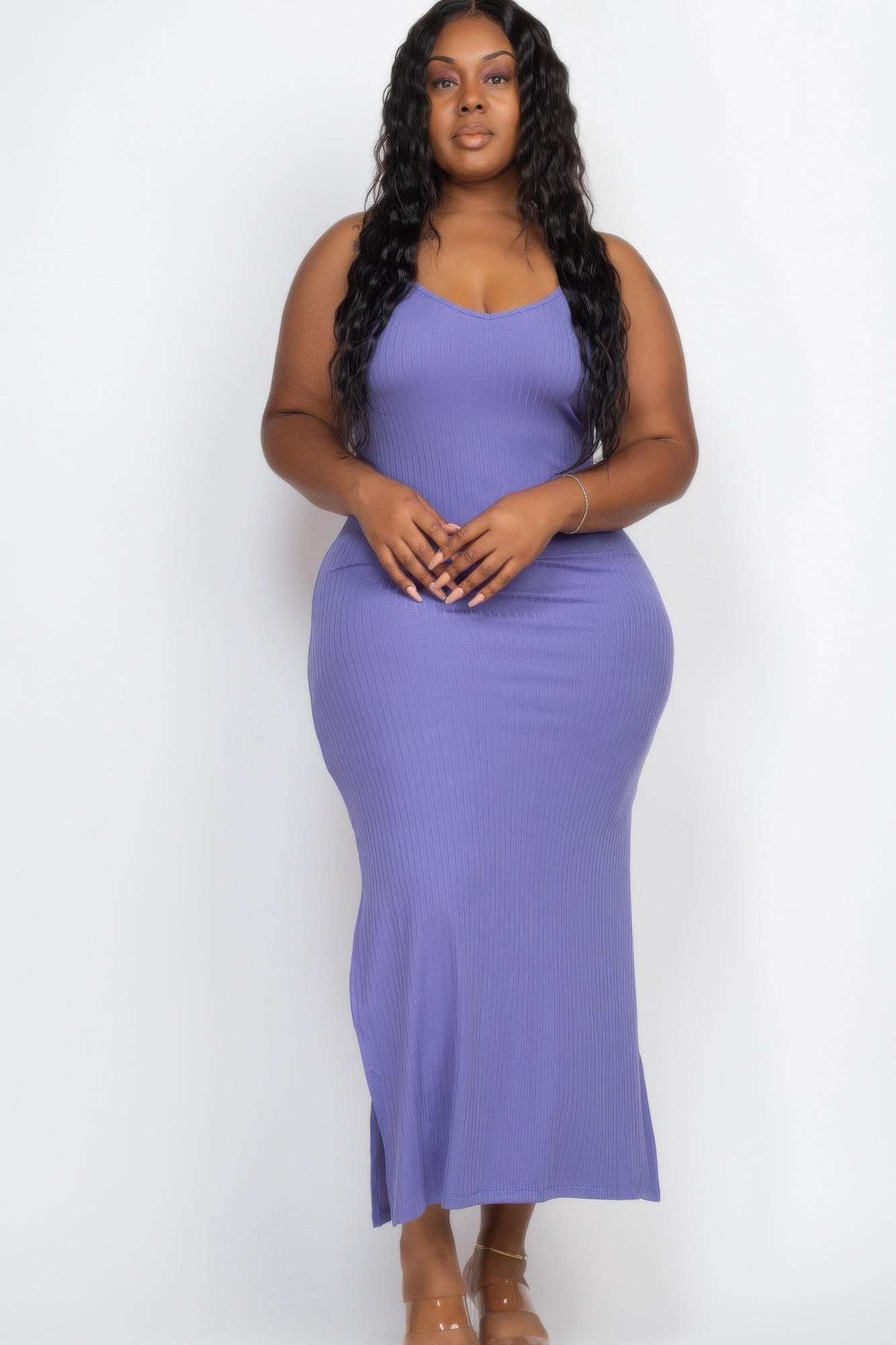 Plus Size Ribbed Side Slit Long Cami Maxi Dress - AV Fashion’s