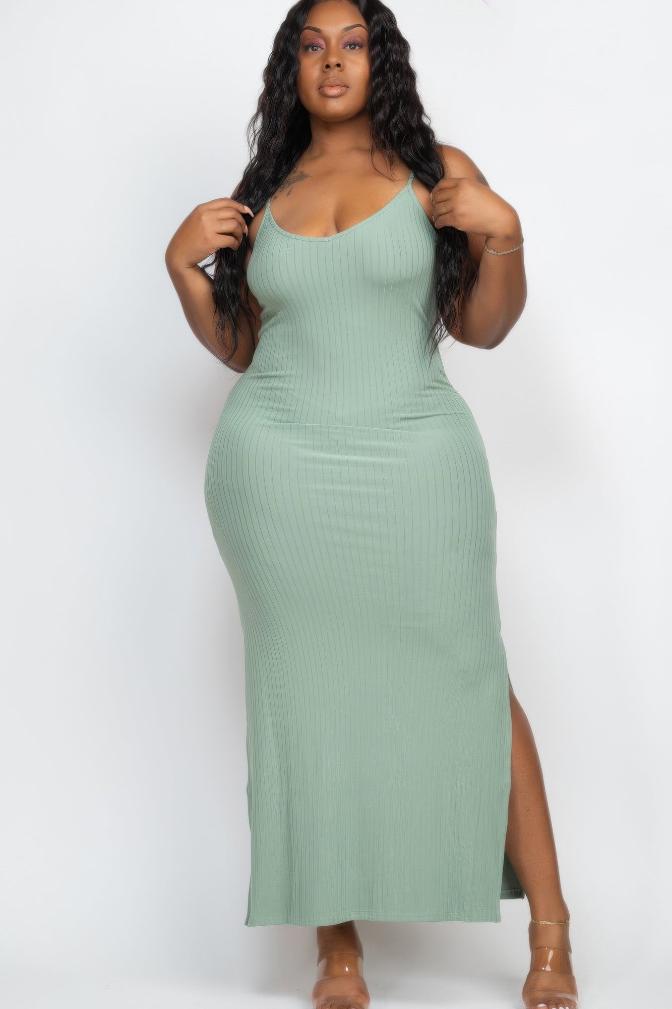 Plus Size Ribbed Side Slit Long Cami Maxi Dress - AV Fashion’s