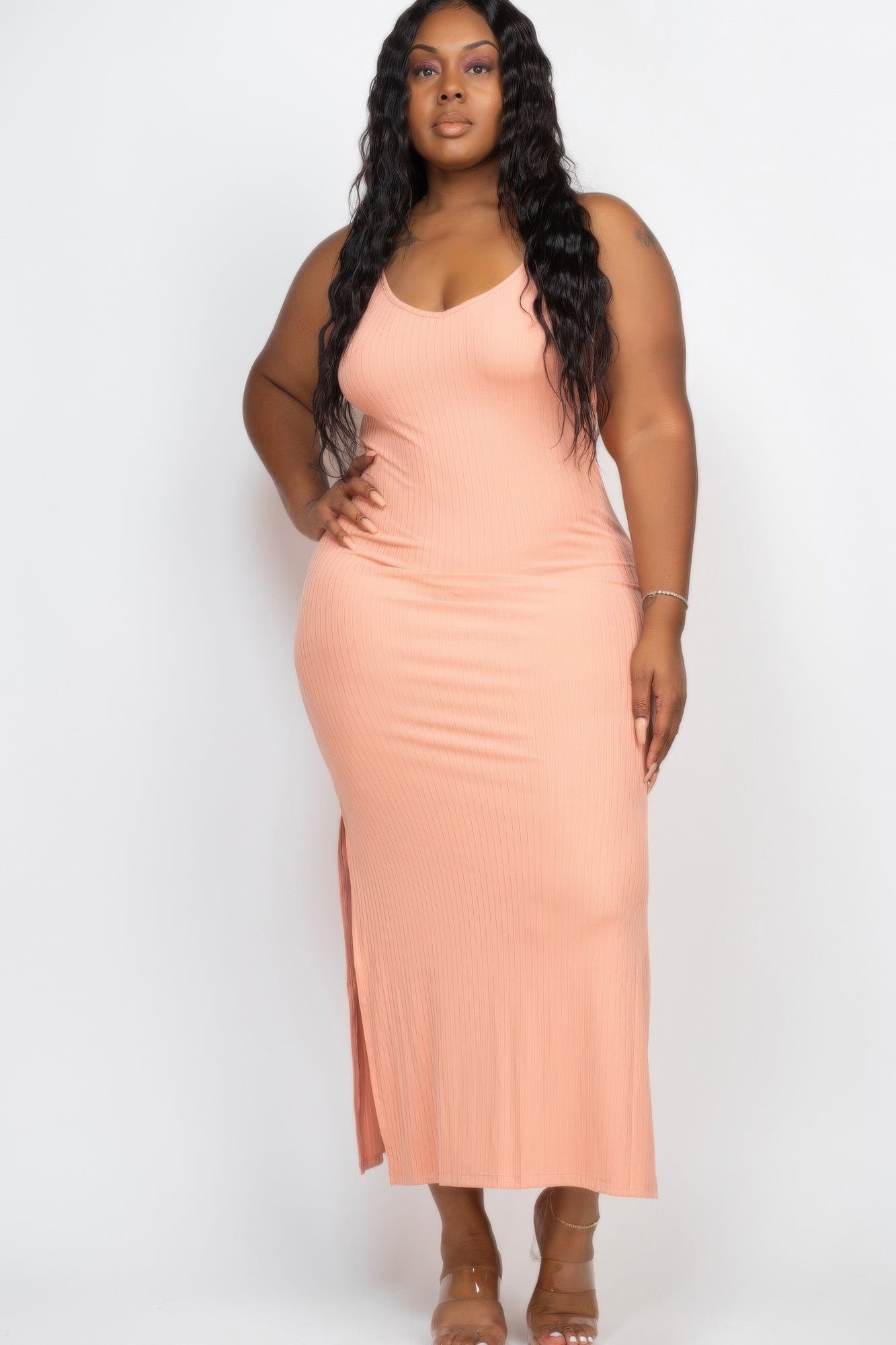 Plus Size Ribbed Side Slit Long Cami Maxi Dress - AV Fashion’s