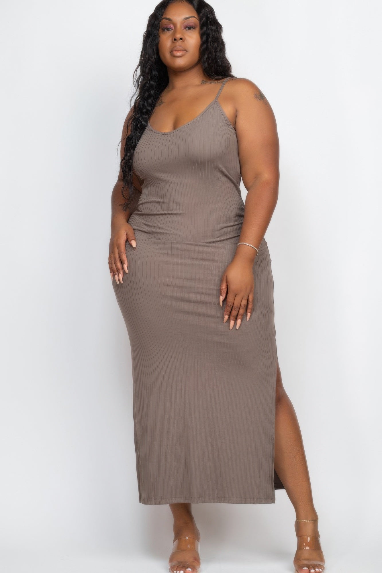 Plus Size Ribbed Side Slit Long Cami Maxi Dress - AV Fashion’s