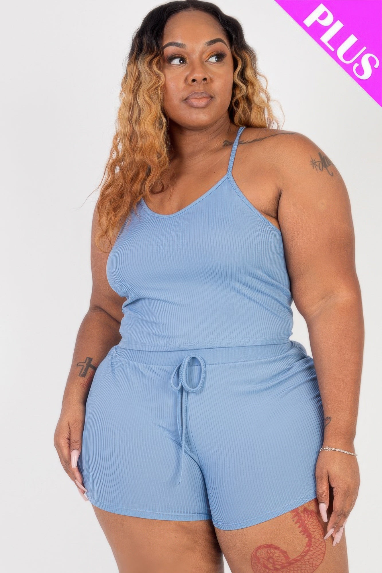 Plus Size Ribbed Crop Cami Top & Shorts Set - AV Fashion’s