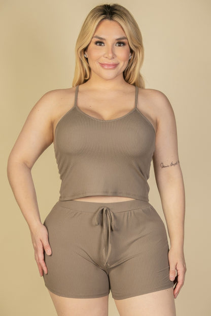 Plus Size Ribbed Crop Cami Top & Shorts Set - AV Fashion’s