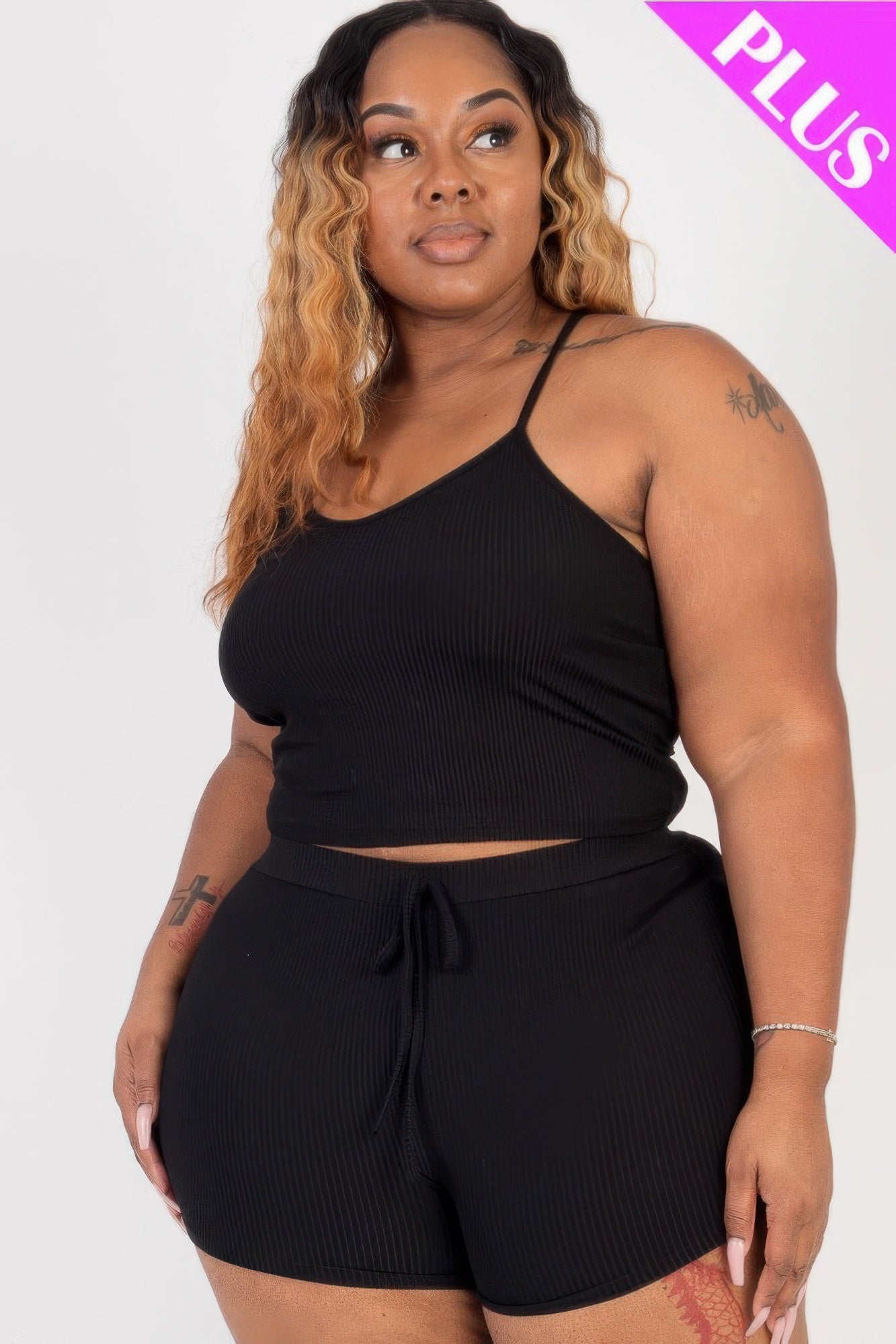 Plus Size Ribbed Crop Cami Top & Shorts Set - AV Fashion’s