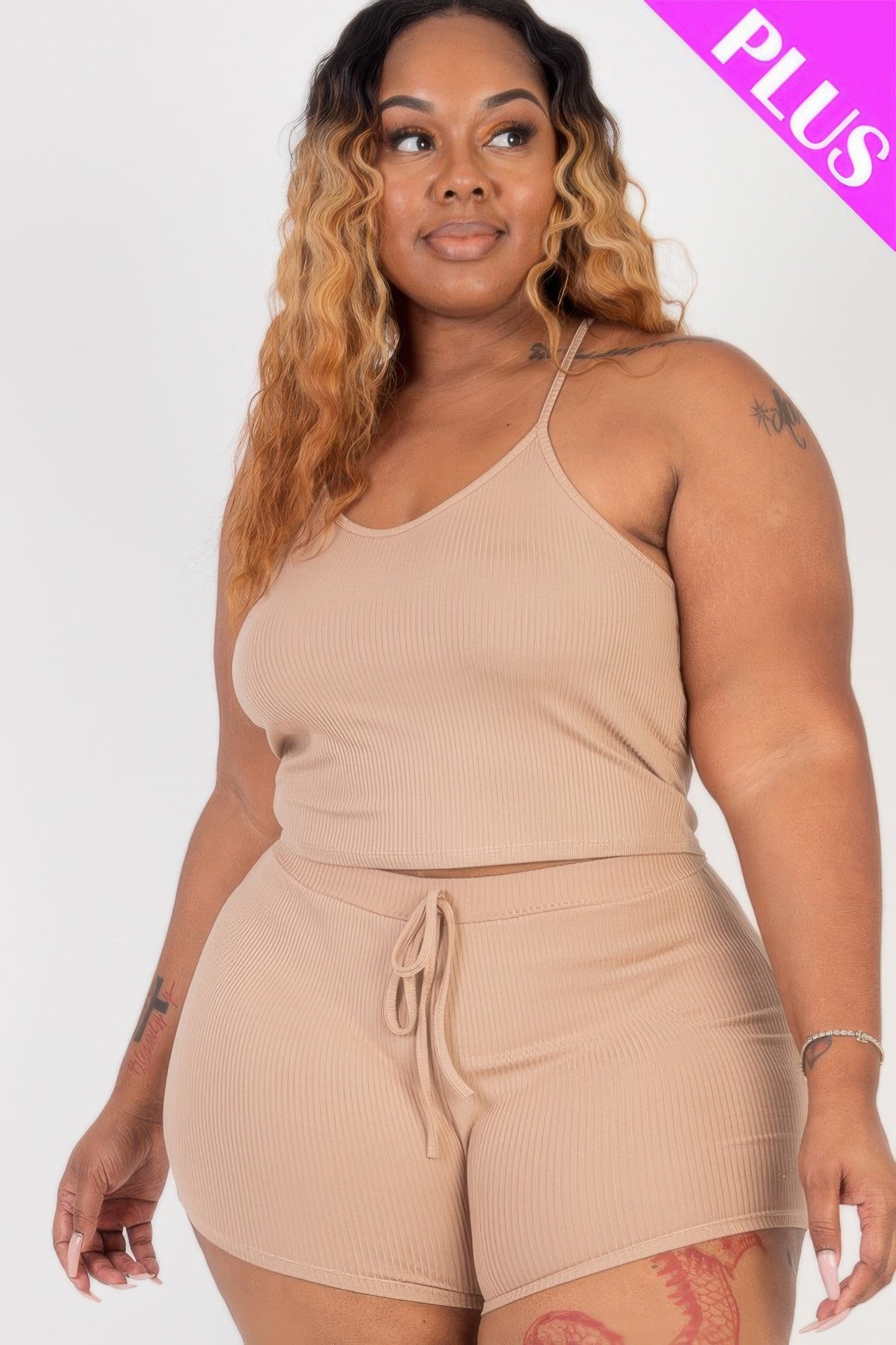 Plus Size Ribbed Crop Cami Top & Shorts Set - AV Fashion’s