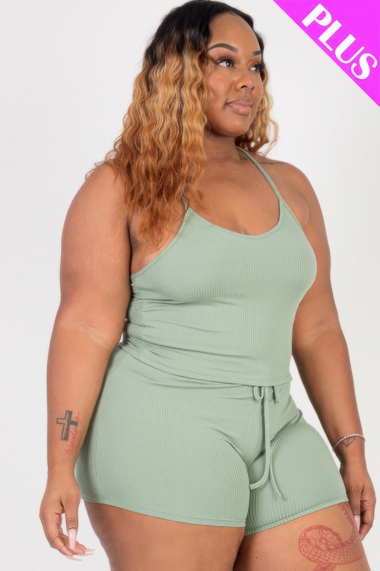 Plus Size Ribbed Crop Cami Top & Shorts Set - AV Fashion’s