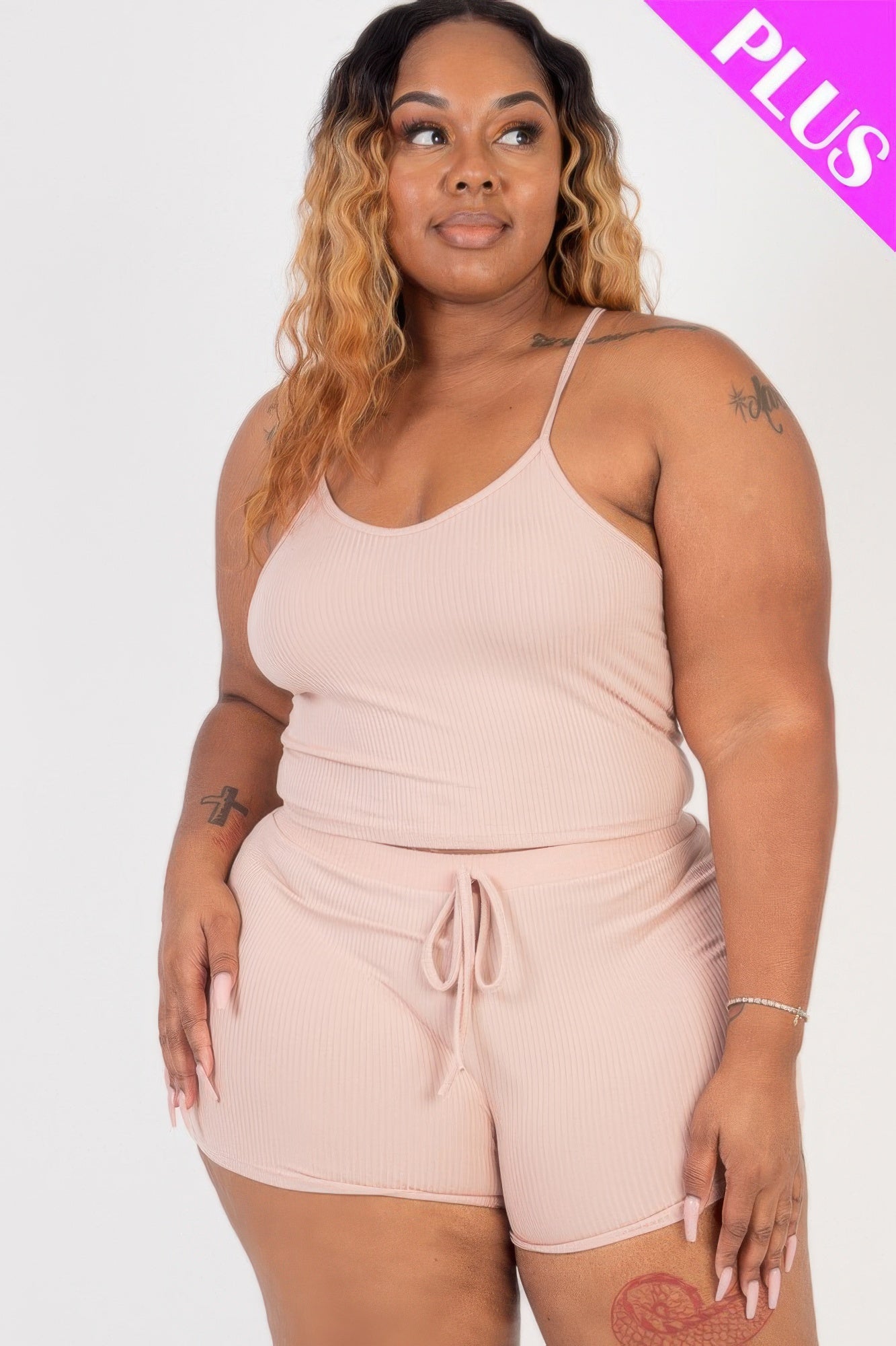 Plus Size Ribbed Crop Cami Top & Shorts Set - AV Fashion’s