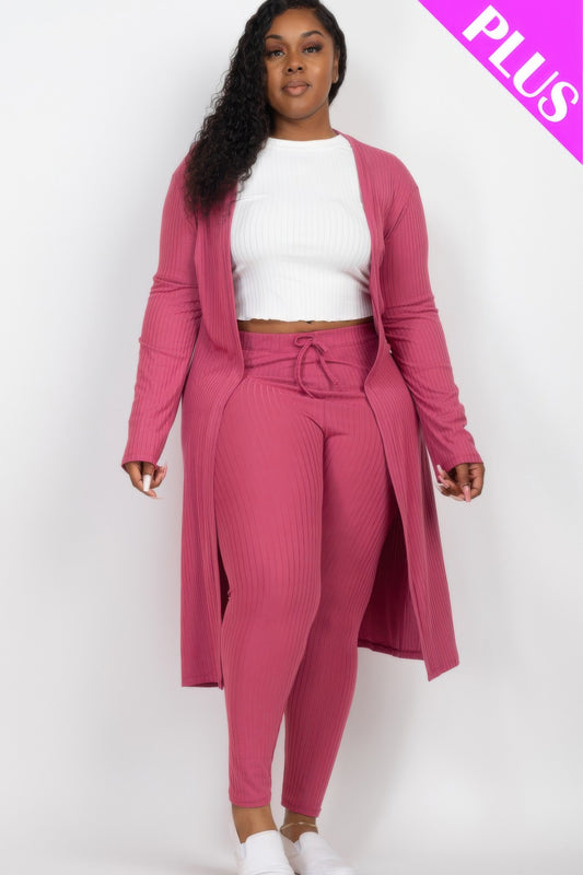 Plus Size Ribbed Long Cardigan & Leggings Set - AV Fashion’s