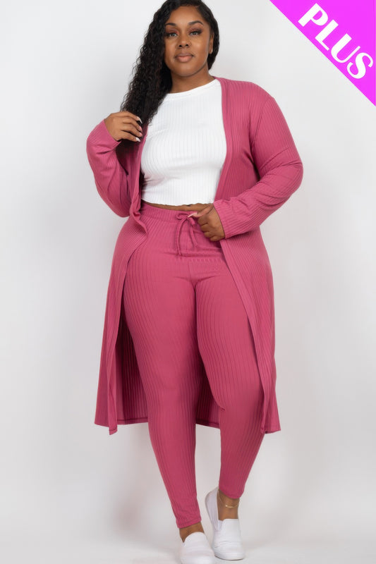Plus Size Ribbed Long Cardigan & Leggings Set - AV Fashion’s