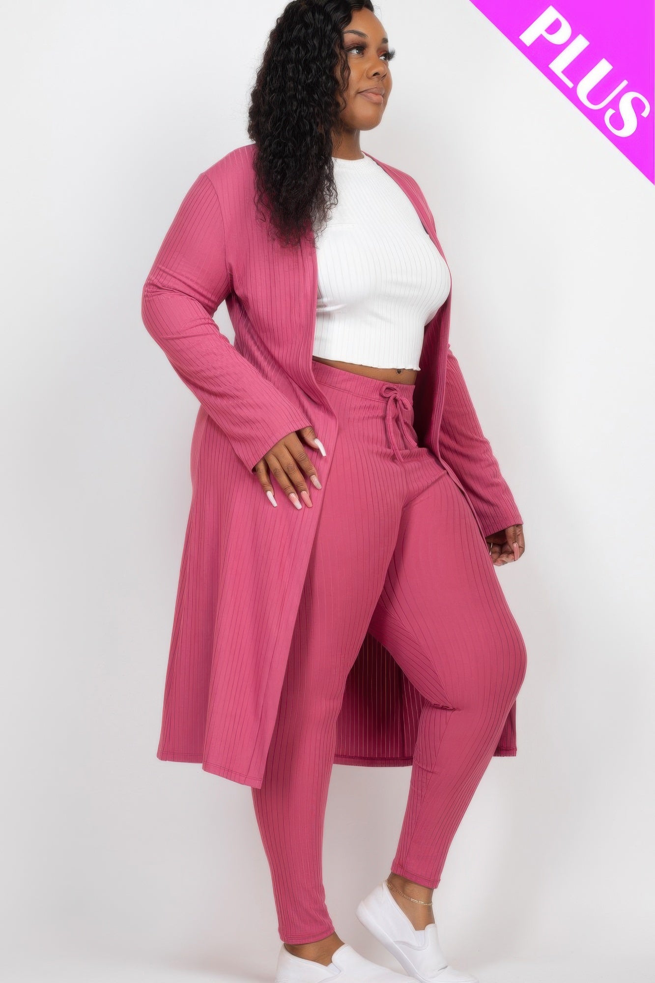Plus Size Ribbed Long Cardigan & Leggings Set - AV Fashion’s