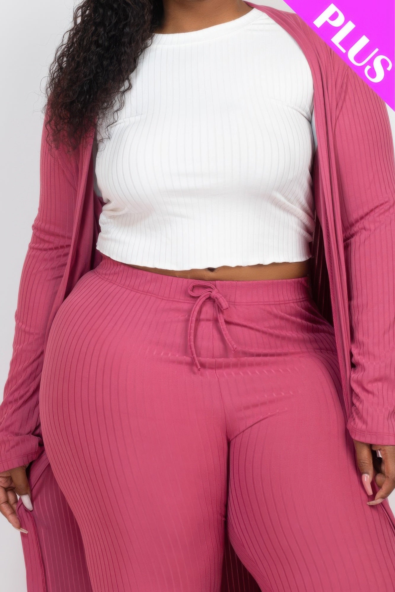 Plus Size Ribbed Long Cardigan & Leggings Set - AV Fashion’s
