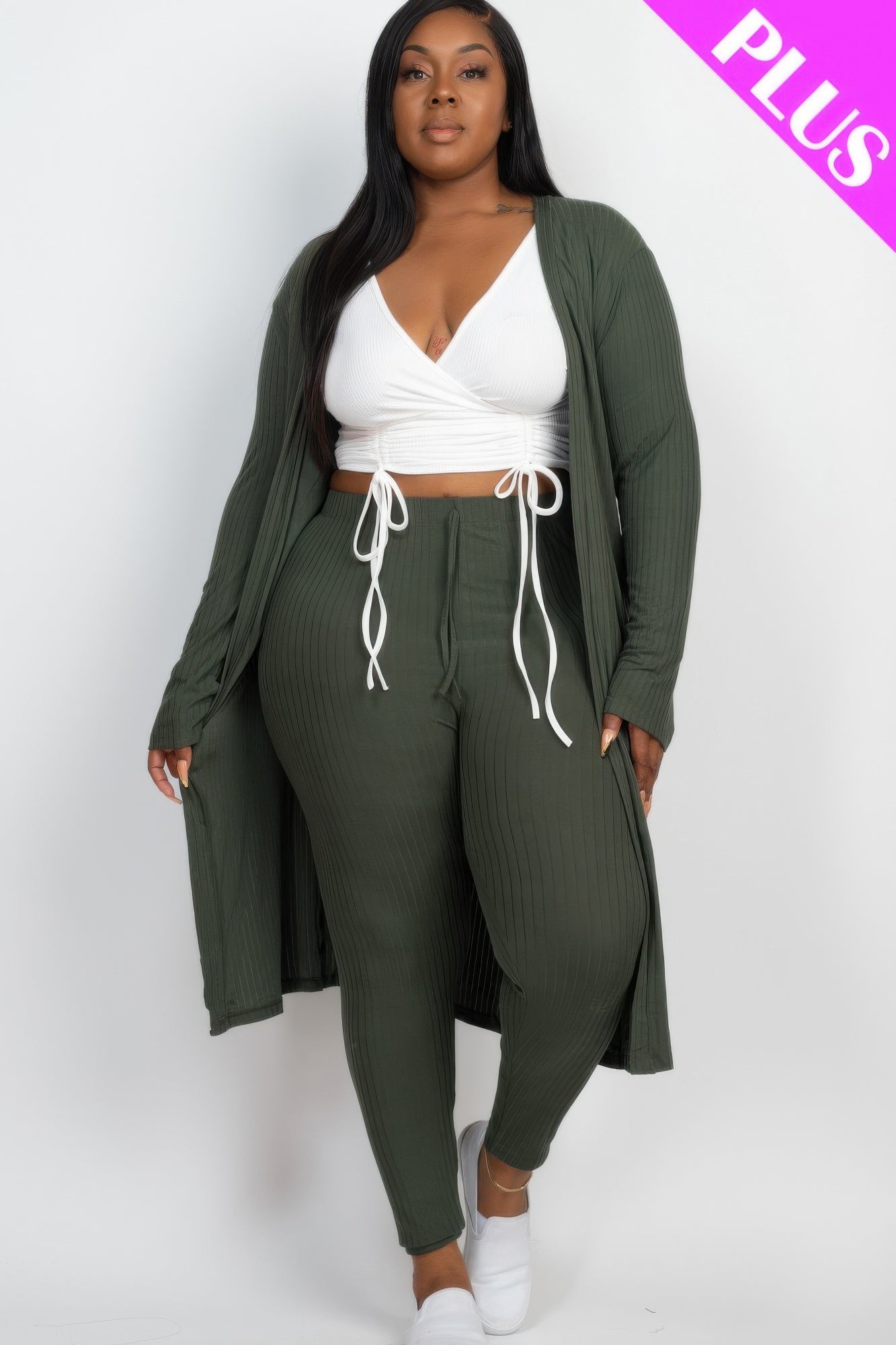 Plus Size Ribbed Long Cardigan & Leggings Set - AV Fashion’s