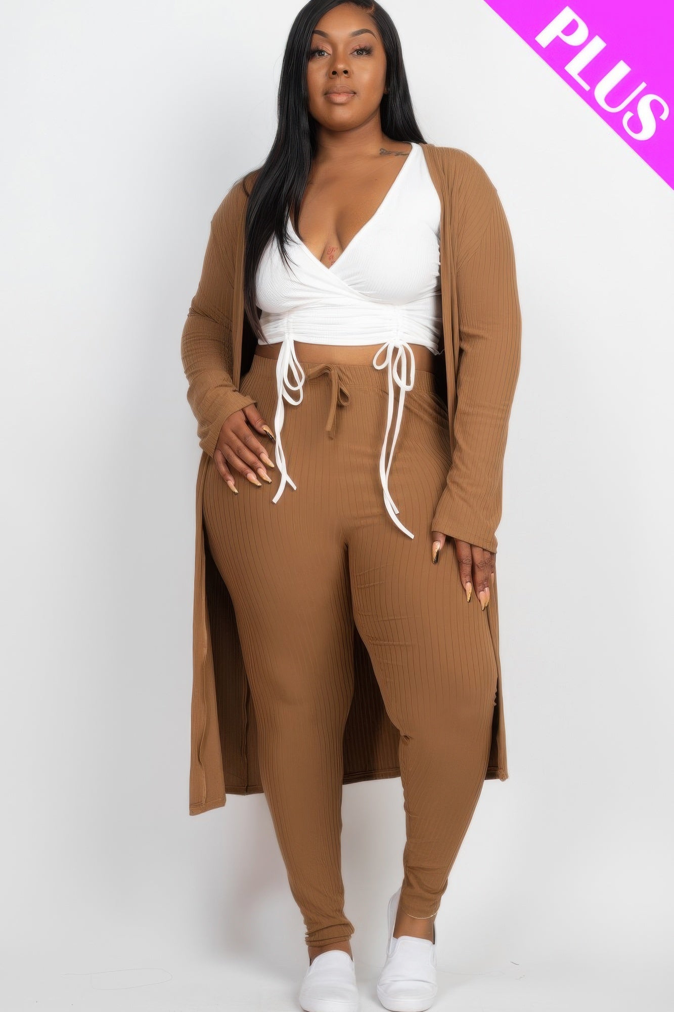 Plus Size Ribbed Long Cardigan & Leggings Set - AV Fashion’s