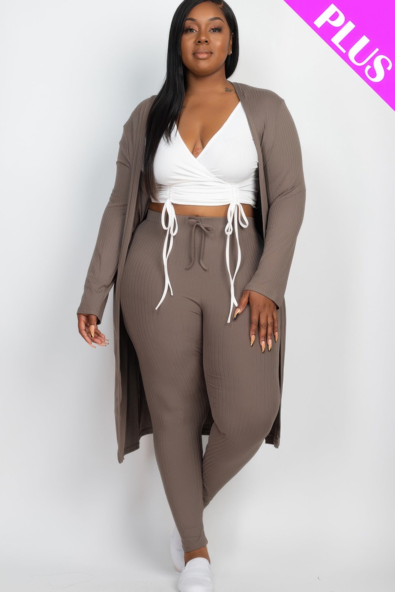 Plus Size Ribbed Long Cardigan & Leggings Set - AV Fashion’s