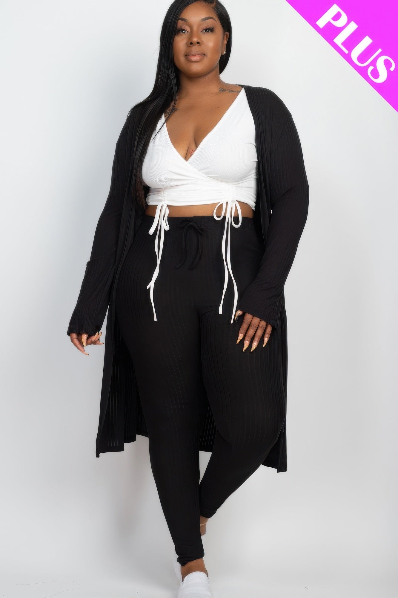Plus Size Ribbed Long Cardigan & Leggings Set - AV Fashion’s