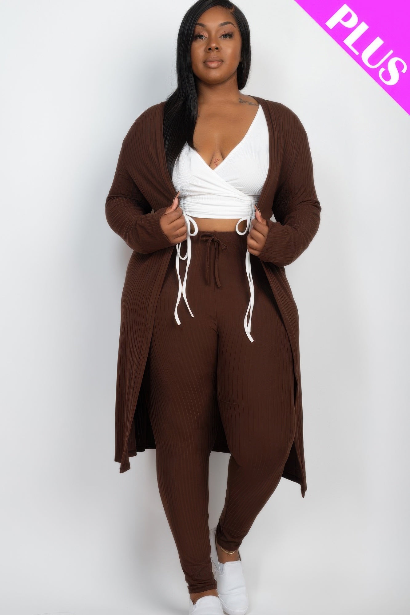 Plus Size Ribbed Long Cardigan & Leggings Set - AV Fashion’s