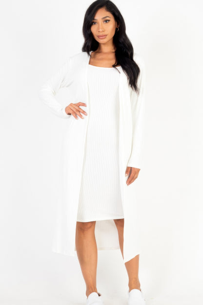 Ribbed Cardigan & Cami Midi Bodycon Dress - AV Fashion’s