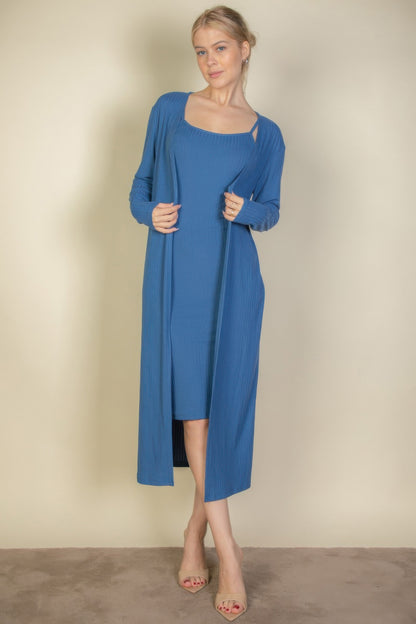 Ribbed Cardigan & Cami Midi Bodycon Dress - AV Fashion’s