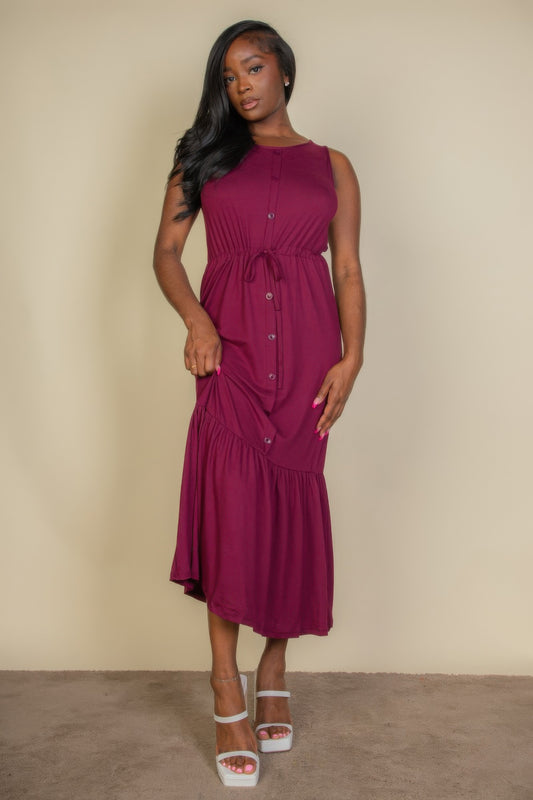 Button Front Tie Waist Sleeveless Maxi Dress - AV Fashion’s