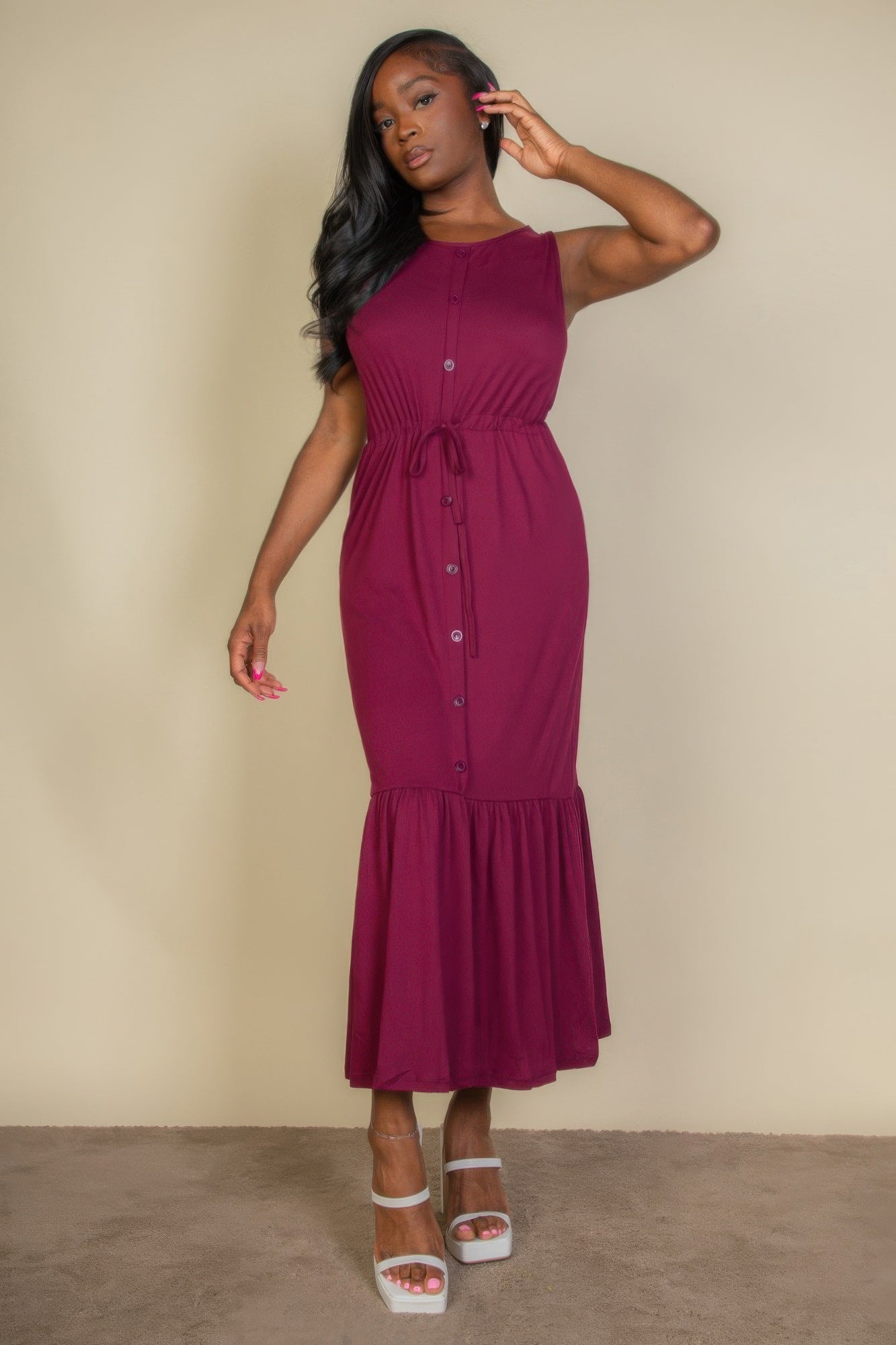 Button Front Tie Waist Sleeveless Maxi Dress - AV Fashion’s