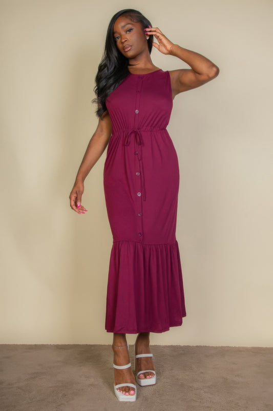 Button Front Tie Waist Sleeveless Maxi Dress - AV Fashion’s