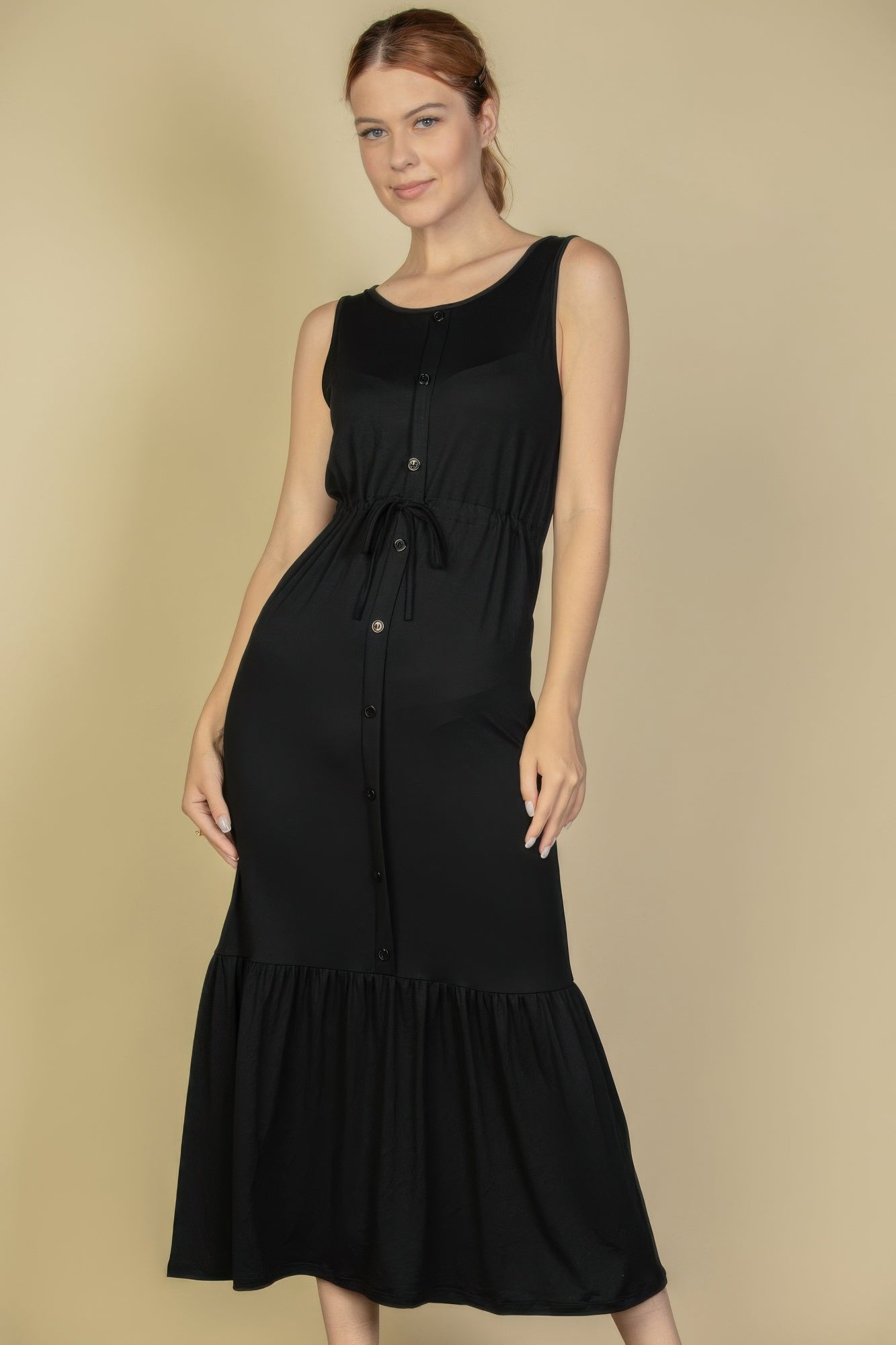 Button Front Tie Waist Sleeveless Maxi Dress - AV Fashion’s