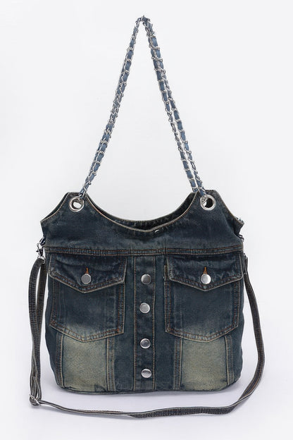 Washed Denim Double Pockets Tote Bag - AV Fashion’s