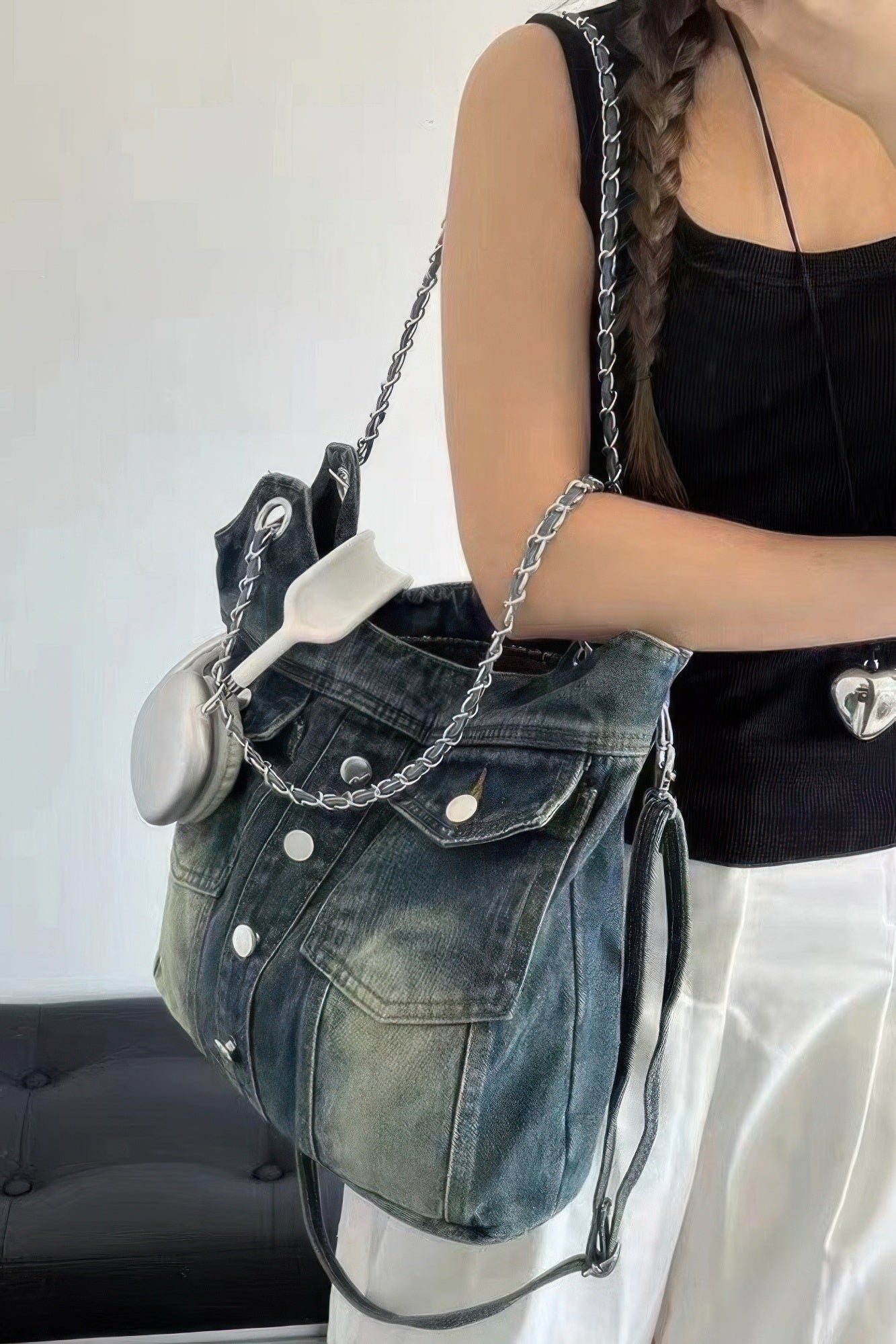 Washed Denim Double Pockets Tote Bag - AV Fashion’s