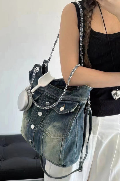 Washed Denim Double Pockets Tote Bag - AV Fashion’s