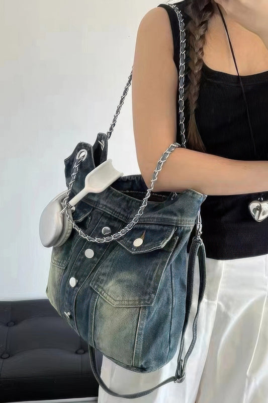 Washed Denim Double Pockets Tote Bag - AV Fashion’s