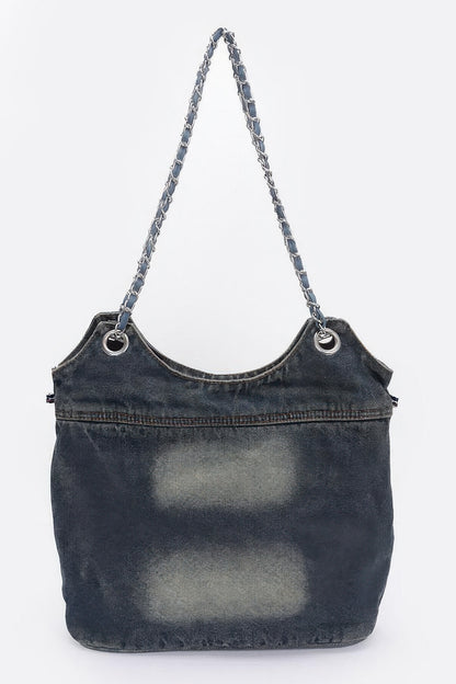 Washed Denim Double Pockets Tote Bag - AV Fashion’s