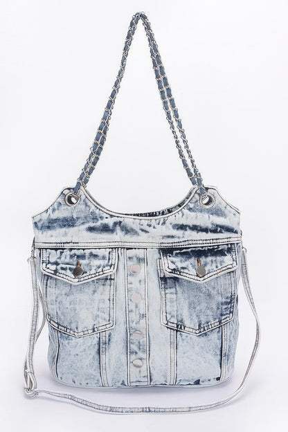 Washed Denim Double Pockets Tote Bag - AV Fashion’s