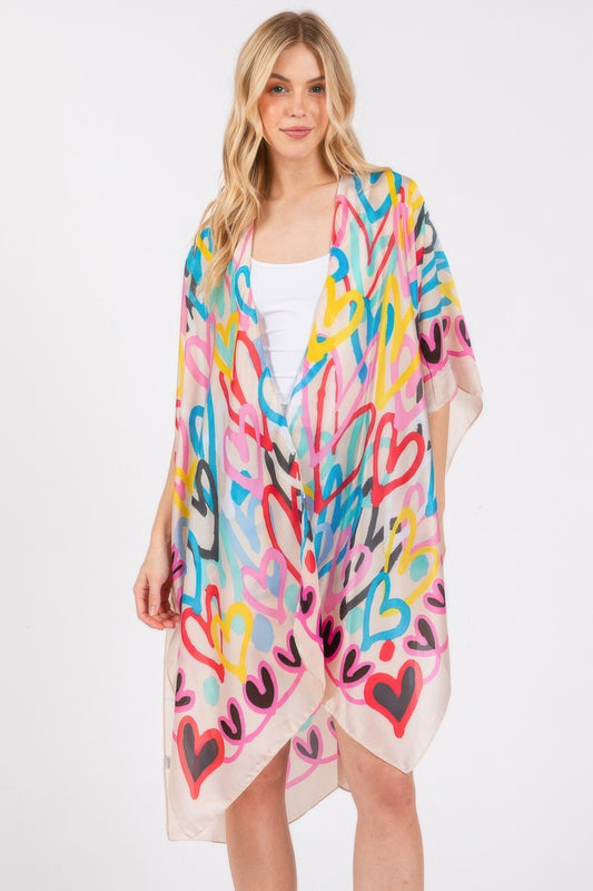 Multi Colored Heart Print Silky Feel Kimono - AV Fashion’s