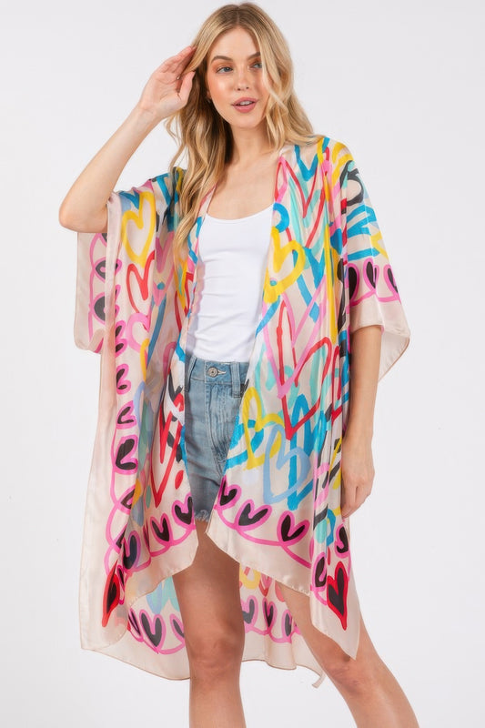 Multi Colored Heart Print Silky Feel Kimono - AV Fashion’s