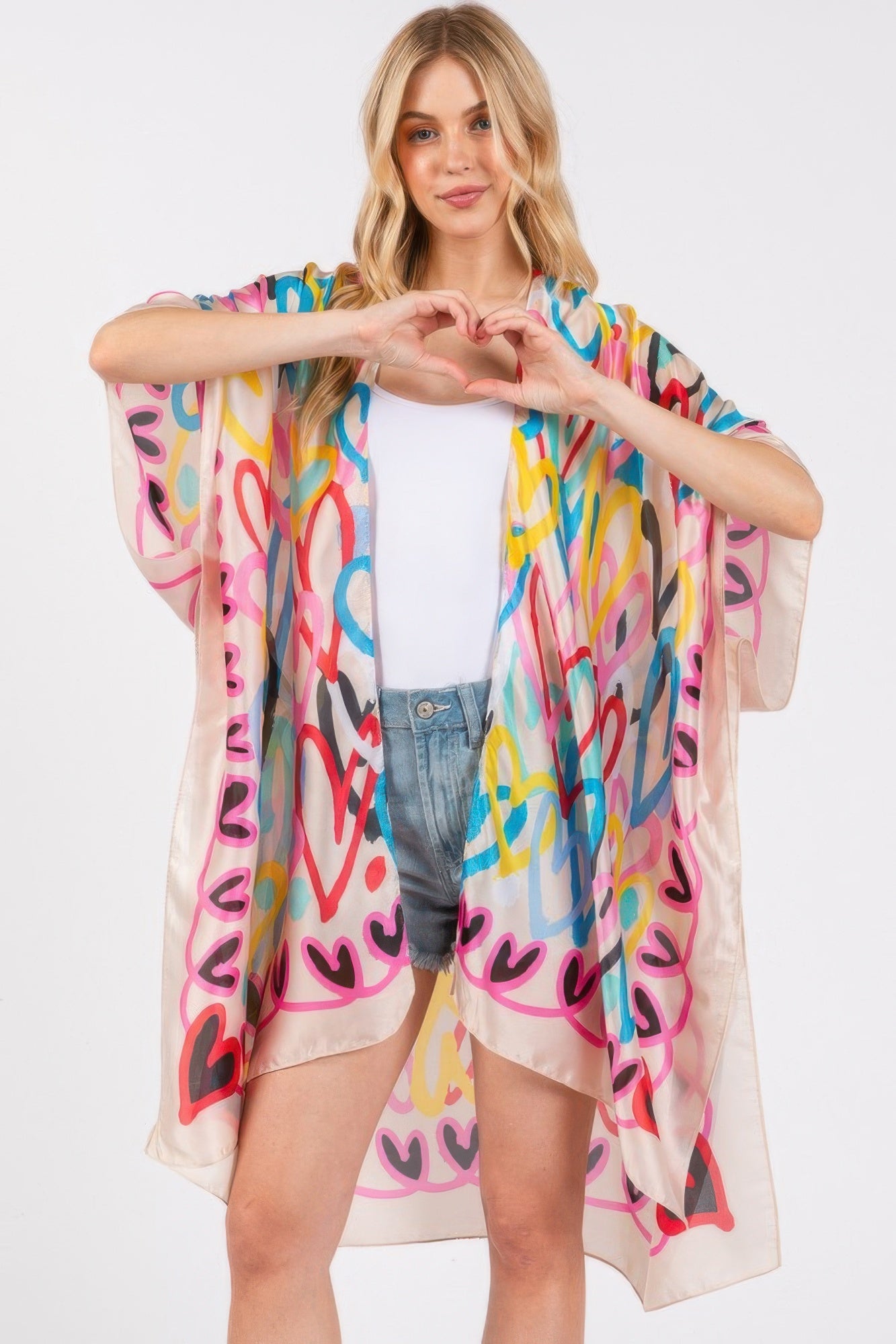 Multi Colored Heart Print Silky Feel Kimono - AV Fashion’s