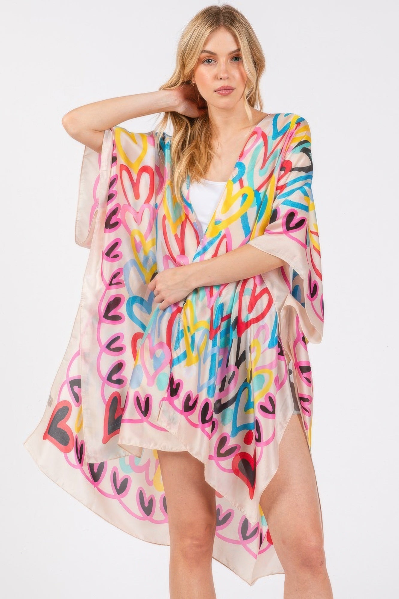 Multi Colored Heart Print Silky Feel Kimono - AV Fashion’s