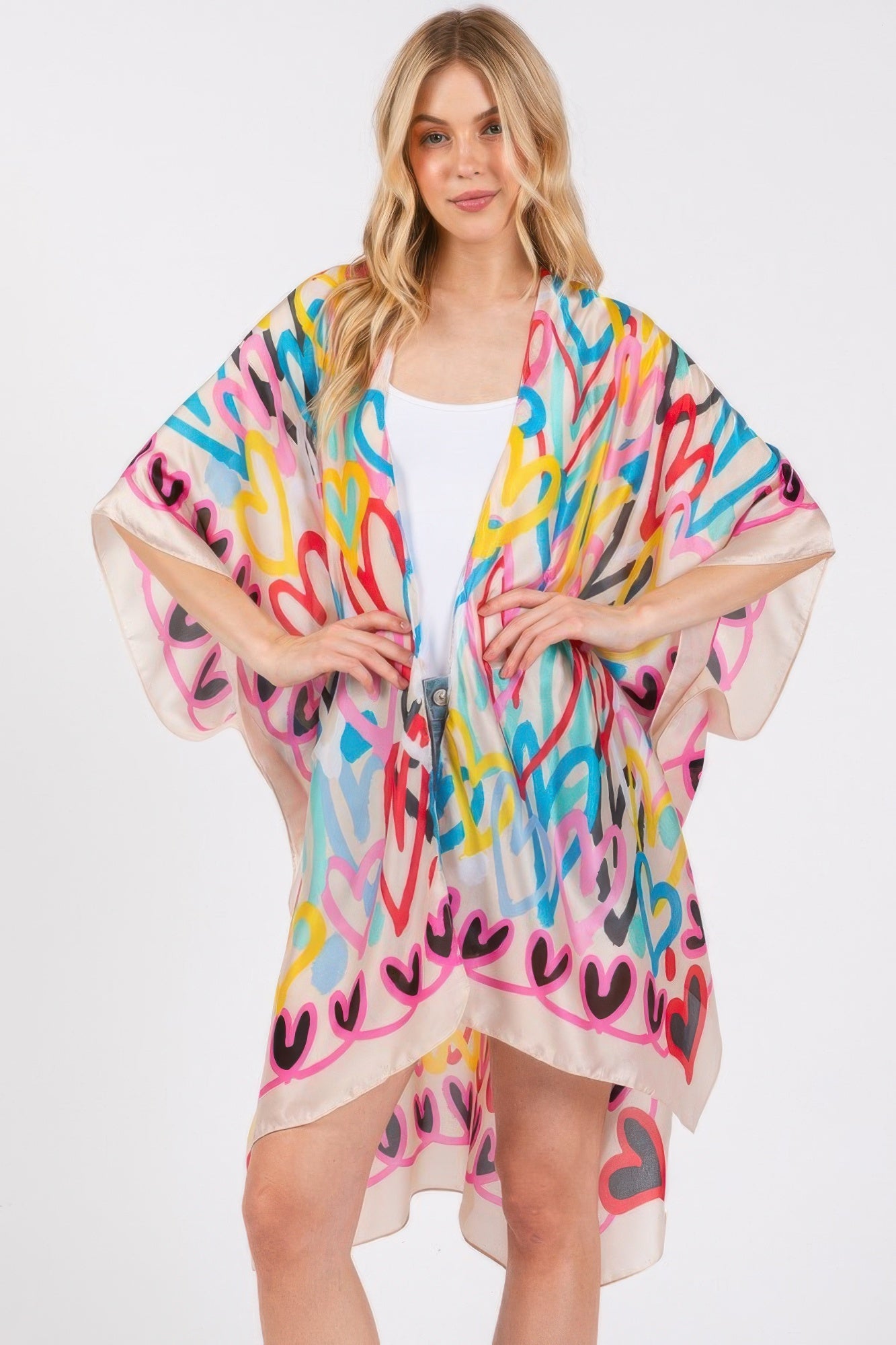Multi Colored Heart Print Silky Feel Kimono - AV Fashion’s