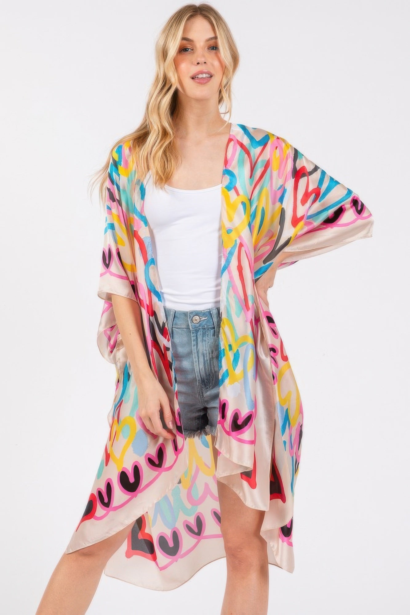 Multi Colored Heart Print Silky Feel Kimono - AV Fashion’s