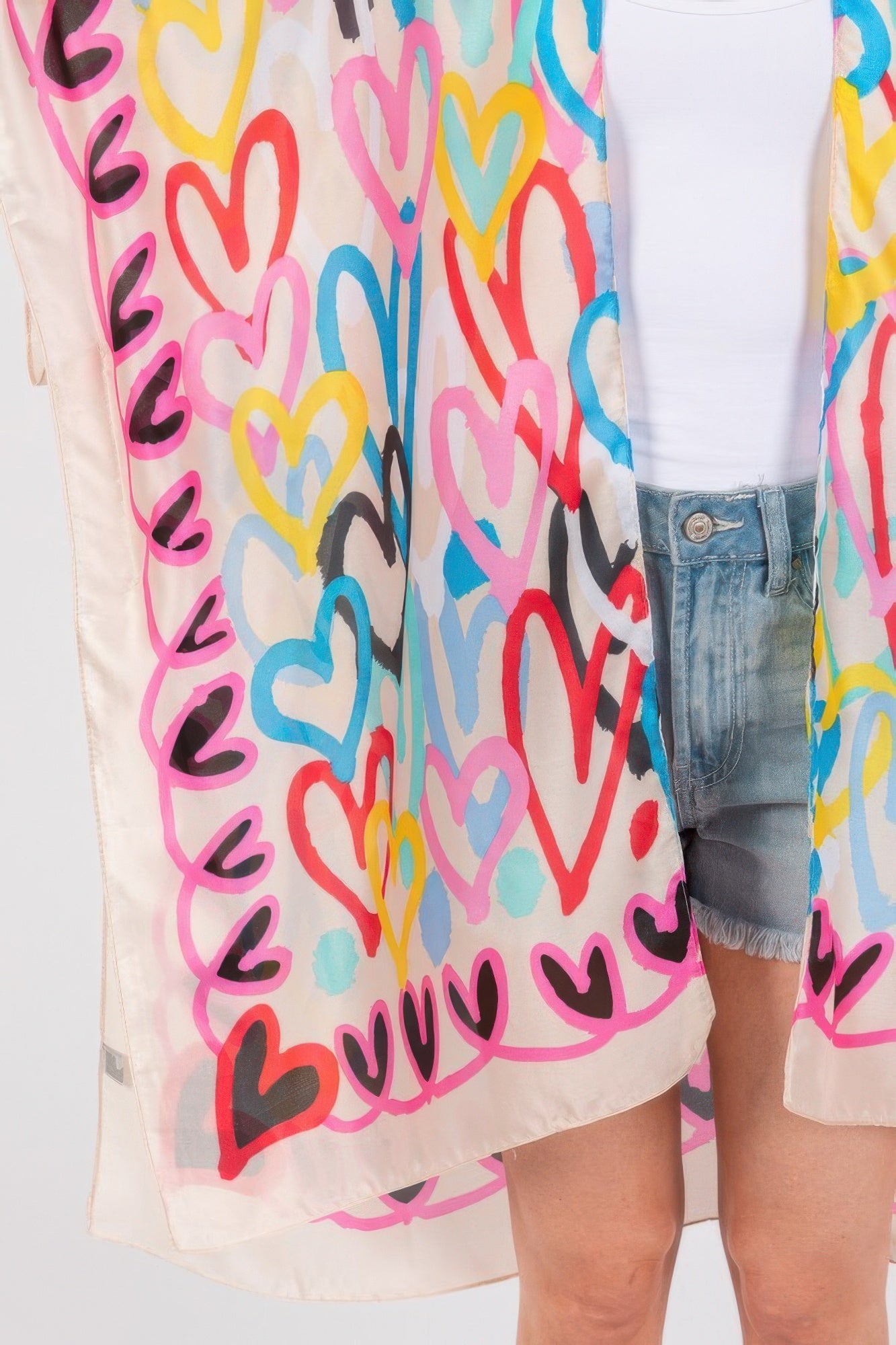 Multi Colored Heart Print Silky Feel Kimono - AV Fashion’s