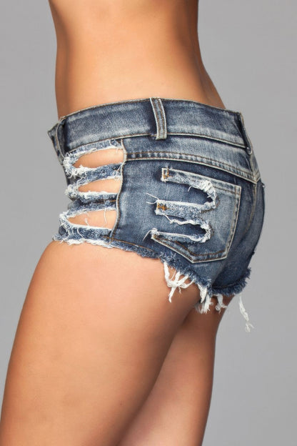 Distressed Side Cutout Denim Shorts - Medium Wash - AV Fashion’s