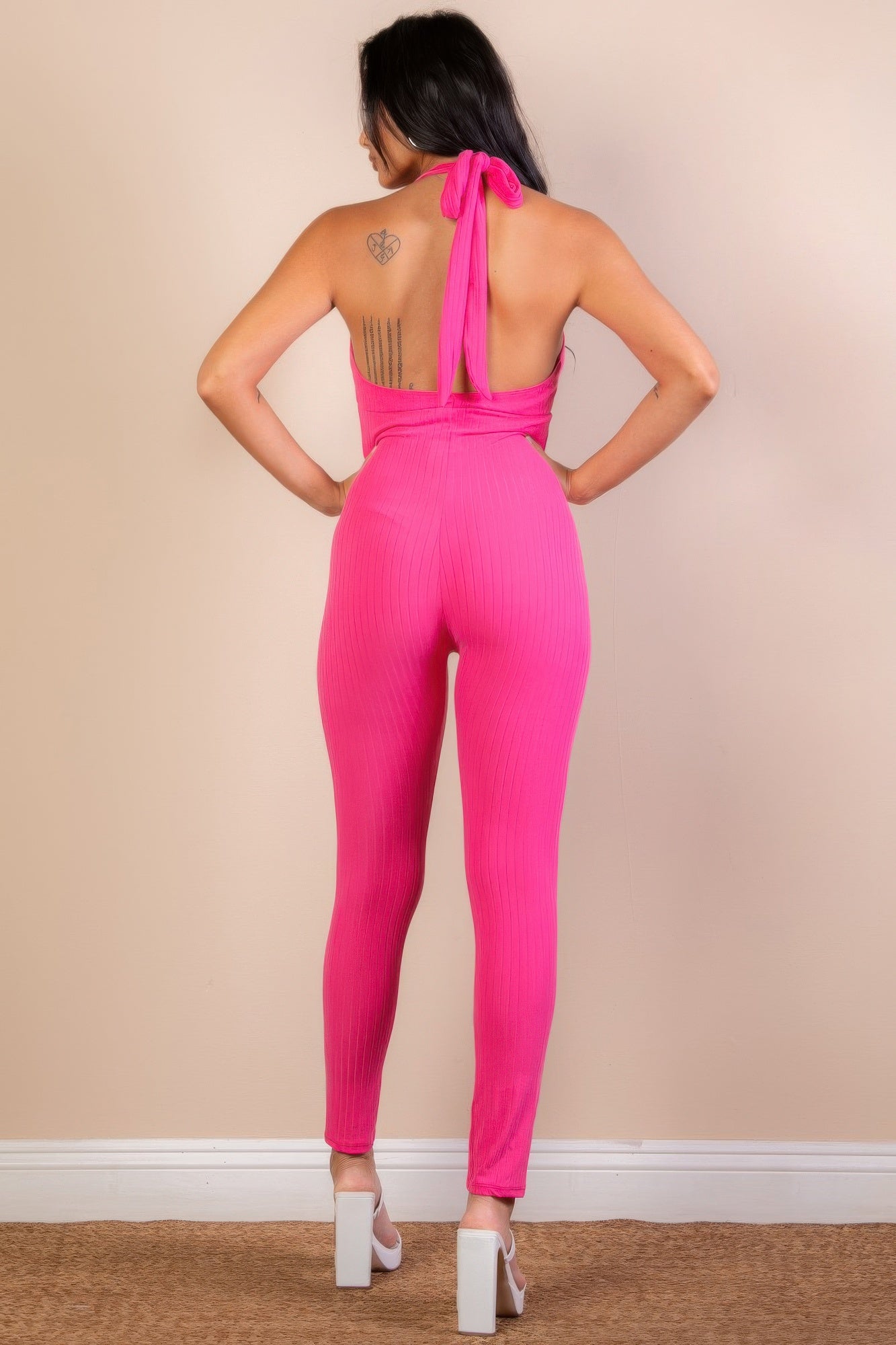 Halter V Neck Ribbed Bodycon Jumpsuit - AV Fashion’s