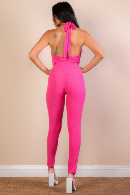 Halter V Neck Ribbed Bodycon Jumpsuit - AV Fashion’s