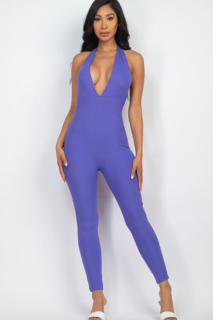 Halter V Neck Ribbed Bodycon Jumpsuit - AV Fashion’s