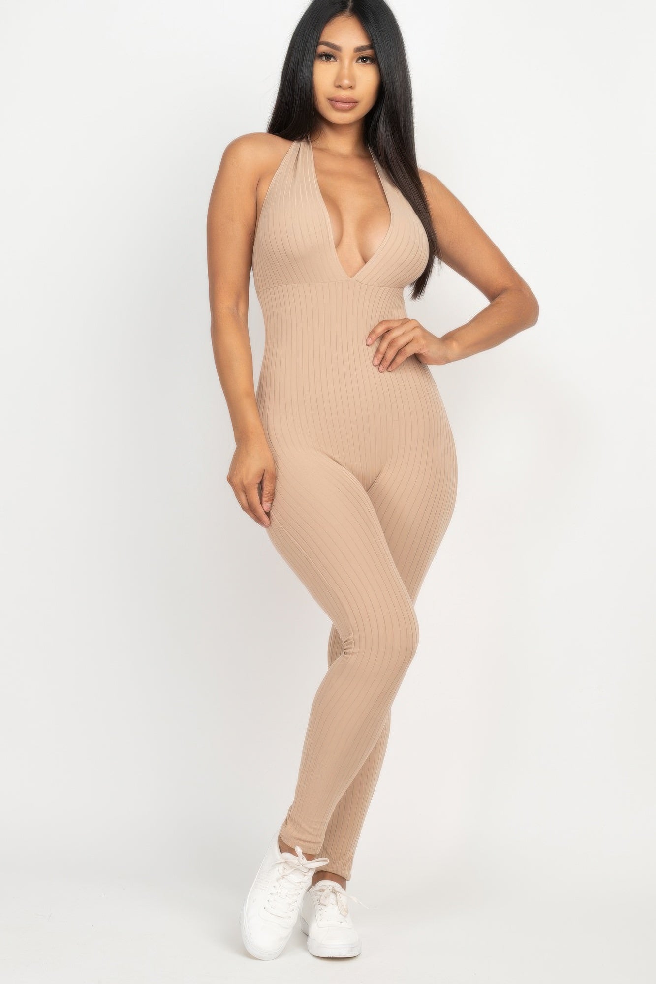 Halter V Neck Ribbed Bodycon Jumpsuit - AV Fashion’s