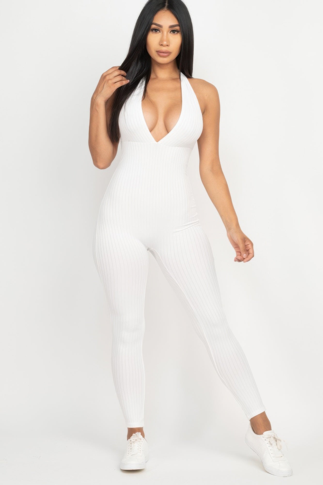 Halter V Neck Ribbed Bodycon Jumpsuit - AV Fashion’s