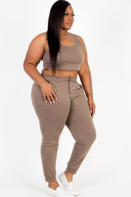 Plus Size French Terry Cropped Tank Top & Joggers Set - AV Fashion’s