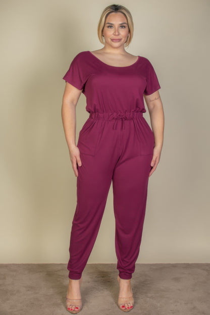 Plus Size Solid Drawstring Short Sleeve Jumpsuit - AV Fashion’s