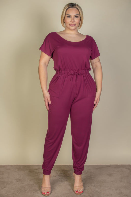 Plus Size Solid Drawstring Short Sleeve Jumpsuit - AV Fashion’s