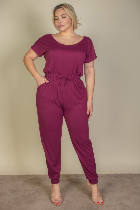 Plus Size Solid Drawstring Short Sleeve Jumpsuit - AV Fashion’s