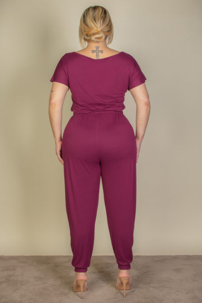 Plus Size Solid Drawstring Short Sleeve Jumpsuit - AV Fashion’s