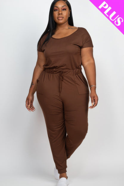 Plus Size Solid Drawstring Short Sleeve Jumpsuit - AV Fashion’s